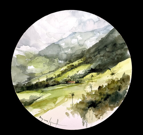 Paisaje Eje Cafetero, palmeras de palma di Nacho Muñoz Cano, Pittura in vendita su Singulart