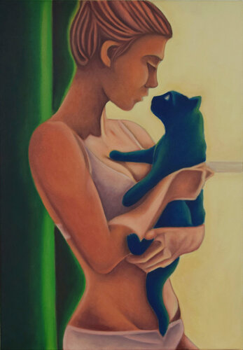 "la vie colorée / Frau mit blauer Katze" par Mike Wosnitzka, Peinture en vente sur Singulart
