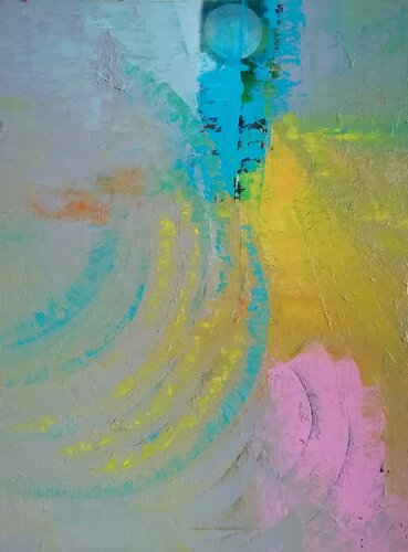 The Hidden Full Moon (Pearl Grey Study with Rouge and Yellow) van Dan Zyzniewski, Schilderij te koop op Singulart