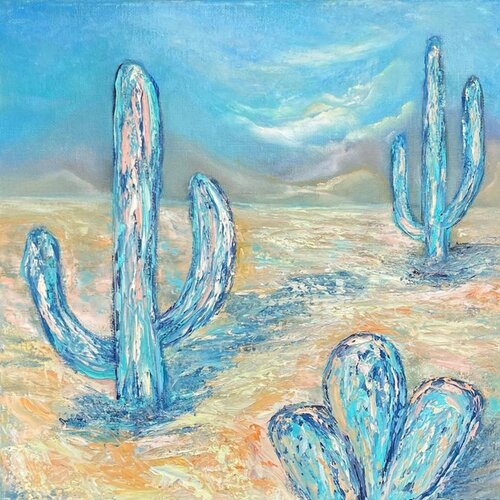 Golden desert dust and green giant cacti van Lucy Moon, Schilderij te koop op Singulart