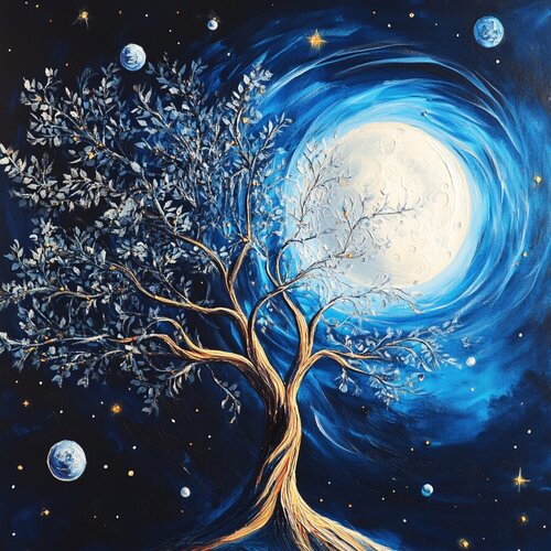 Where the Silver Tree Meets the Golden-Flecked Full Moon van Lucy Moon, Digitaal te koop op Singulart