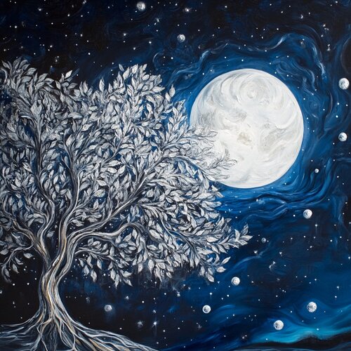 The Silver Tree and the Luminous Full Moon in Sapphire Skies van Lucy Moon, Digitaal te koop op Singulart