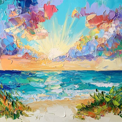 Golden and purple clouds caress the turquoise shore de Lucy Moon, Digital a la venta en Singulart