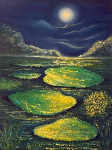 Large emerald water lilies in the moonlight van Lucy Moon, Schilderij te koop op Singulart
