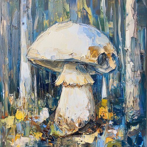 Lone mushroom anchored in swirling forest hues von Lucy Moon, Digital kaufen auf Singulart