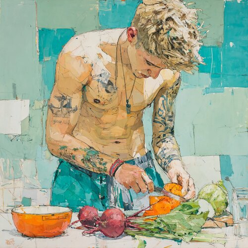 German guys cook borscht and fry potato pancakes van Lucy Moon, Digitaal te koop op Singulart