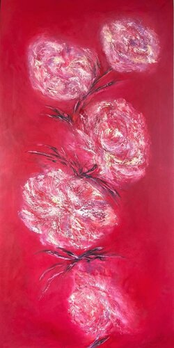 Large Spring Flowers on a Red Background van Lucy Moon, Schilderij te koop op Singulart