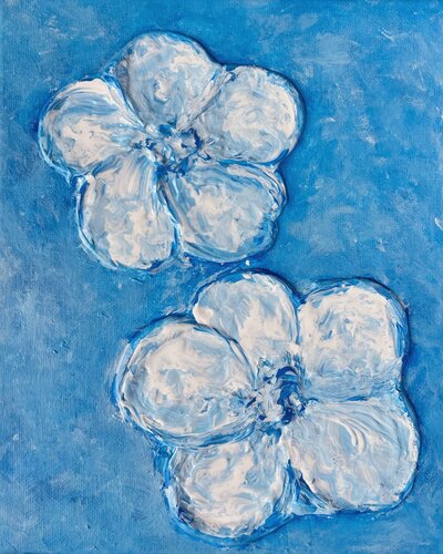 Two voluminous white flowers on a blue background by Lucy Moon, Painting for Sale on Singulart