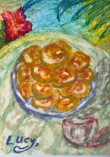 Sunny breakfast on a terrace by the ocean by Lucy Moon, デッサン for Sale on Singulart
