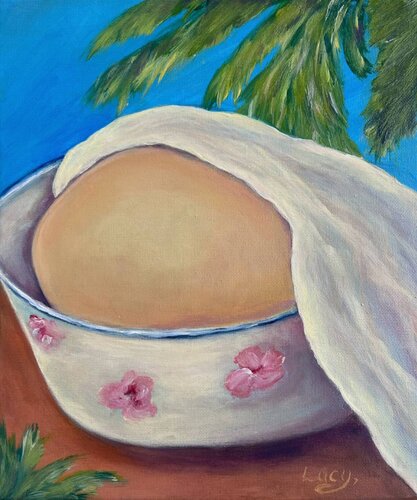 Homemade dough in the shade of tropical palm trees de Lucy Moon, Pintura a la venta en Singulart