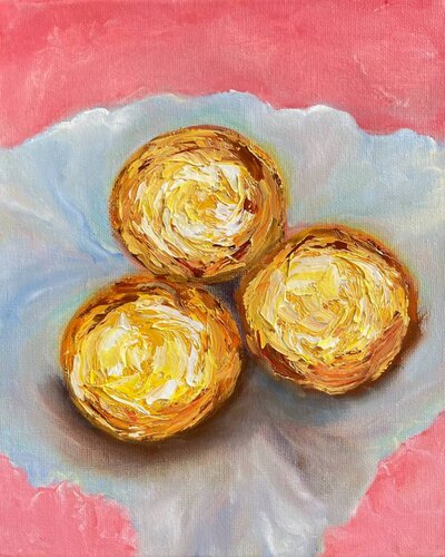 Cozy breakfast under a pink sky par Lucy Moon, Peinture en vente sur Singulart