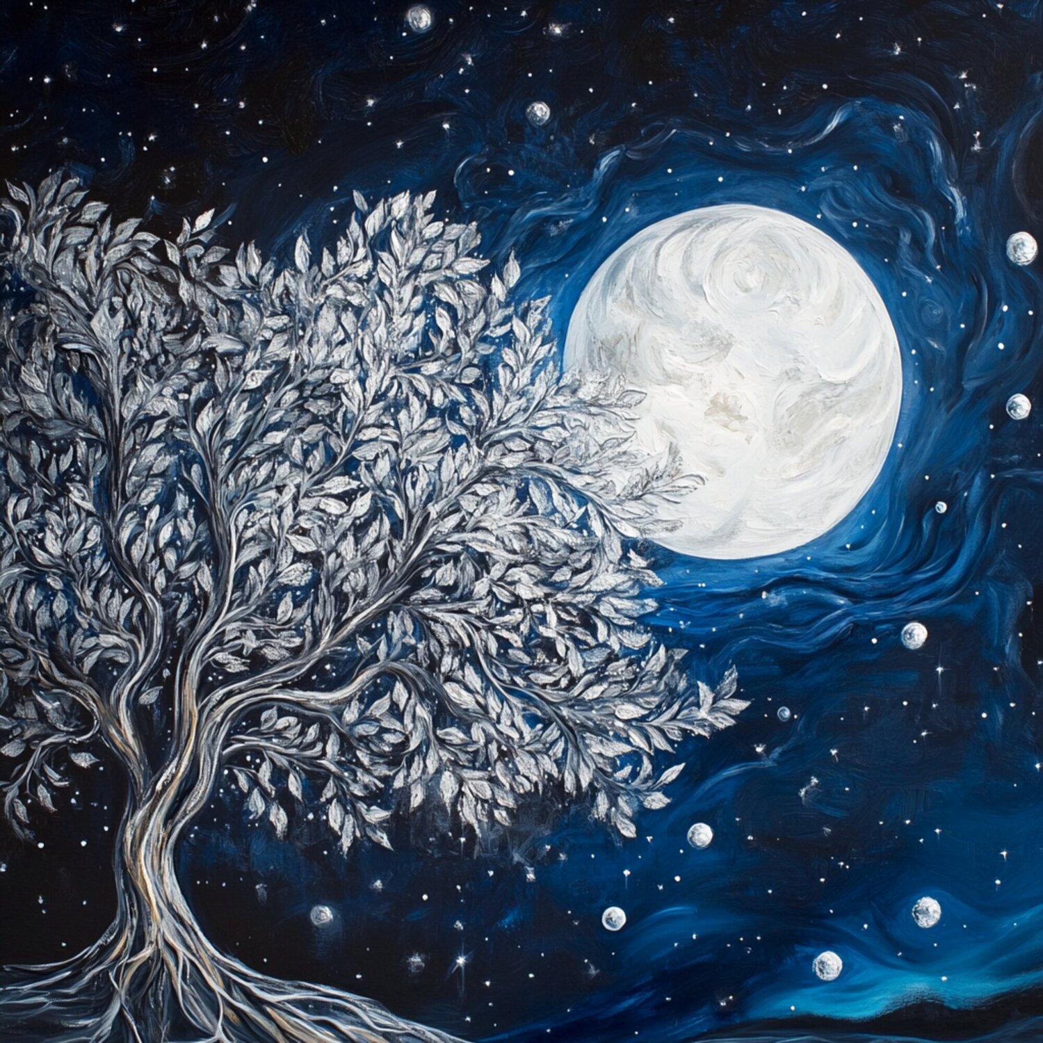 The Silver Tree and the Luminous Full Moon in Sapphire Skies Lucy Moon Digital zu verkaufen