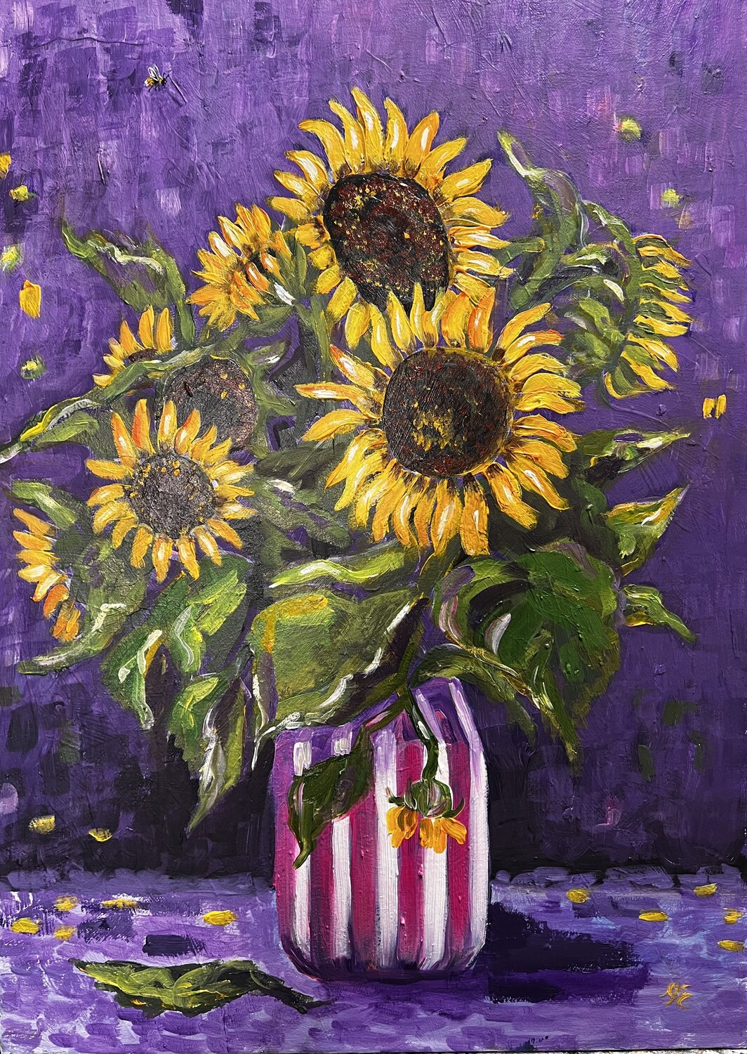 Sonnenblumen, Lila Jeannette Reupke Originalgemälde zu verkaufen
