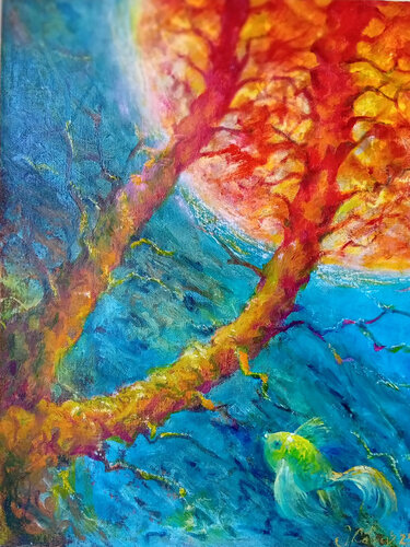 Annäherung an Blutmond oder der himmlische Fisch van Jehan Calvus, Schilderij te koop op Singulart