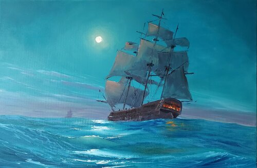 Segelschiff im Mondschein van Alexander Gankovych, Schilderij te koop op Singulart