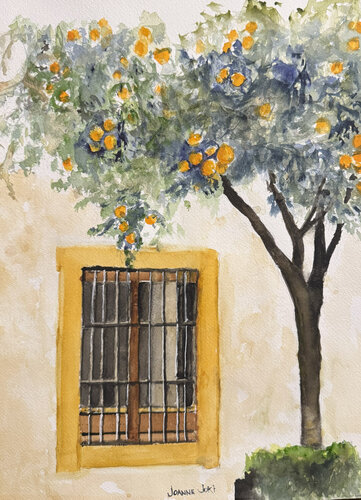 Orange Tree and Glimpse Inside the Window di Joanne Joki, Opera su carta in vendita su Singulart