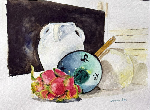 Vibrant Watercolor Still Life Featuring Chinese Pottery and Dragonfruit par Joanne Joki, Peinture en vente sur Singulart
