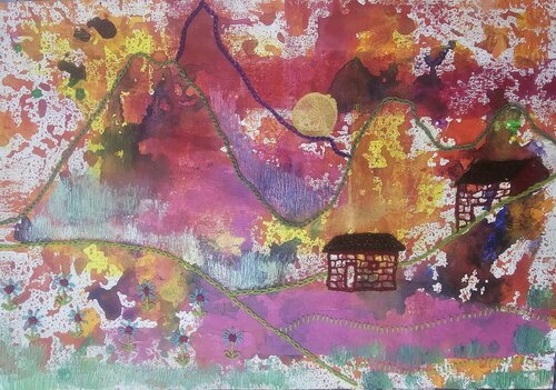 Pink hills of childhood 1 di Mamta Malhotra, Pittura in vendita su Singulart