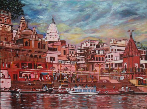 The Ghats of Kashi di Mamta Malhotra, Pittura in vendita su Singulart