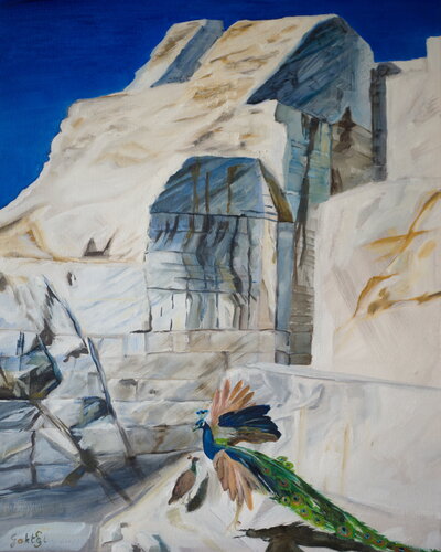 Pfau und Carrara Marmor von Simone Gokhtel, Malerei kaufen auf Singulart