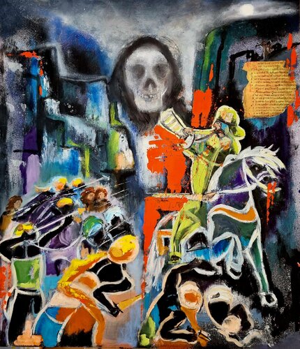 Death meets Roland at Roncesveaux Pass 788AD, historical landscape de ELIZABETH DRAYSON, Pintura a la venta en Singulart