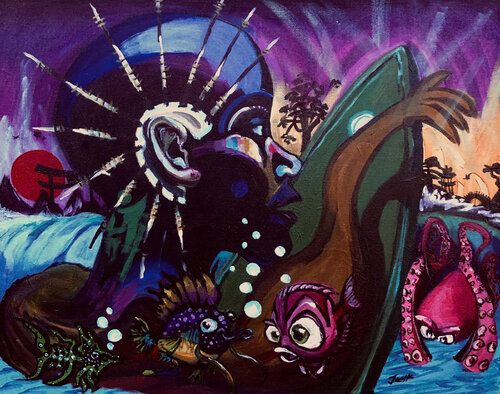 Surfing with the Sea Life van Jesse Bateman, Schilderij te koop op Singulart