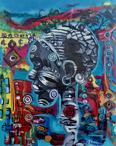 Simple Means with Intelligence   (Tribute to Hunter Gather Tribes) van Jesse Bateman, Schilderij te koop op Singulart