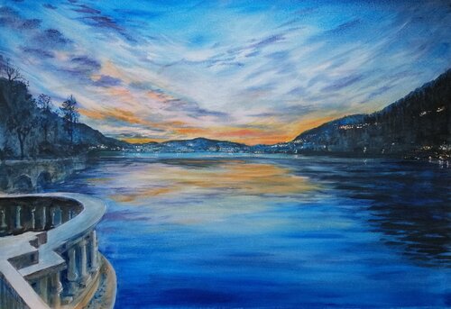 Lago di Como-Tramonto par Silvio Ricci, Peinture en vente sur Singulart