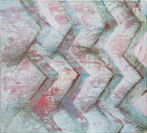 Titel: Synergie, Material: Acryl gebundenes Pigment, Hintergrund Nessel, Maße: 90 x 100 cm, Entstehungsjahr 2024 van Dieter Laue, Schilderij te koop op Singulart