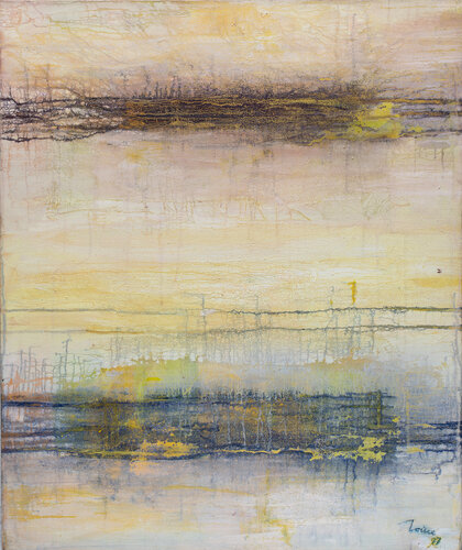 Titel: Sunset, Material: Acryl gebundenes Pigment, Hintergrund Nessel, Maße: 120 x 100 cm, Entstehungsjahr 2021 van Dieter Laue, Schilderij te koop op Singulart