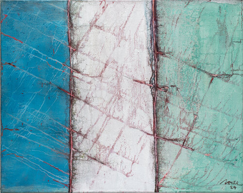 Titel: Trikolore, Material: Acryl gebundenes Pigment, Hintergrund Nessel, Maße: 80 x 100 cm, Entstehungsjahr 2024 van Dieter Laue, Schilderij te koop op Singulart