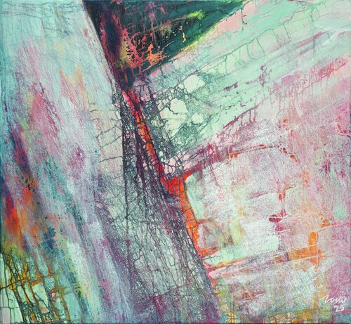 Titel: Mosaikjunger, Material: Acryl gebundenes Pigment, Hintergrund Nessel, Maße: 130 x 120 cm, Entstehungsjahr 2025 van Dieter Laue, Schilderij te koop op Singulart