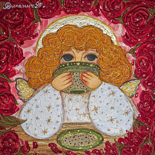 Тea party with an angel de Oksana Mylanich, Pintura a la venta en Singulart