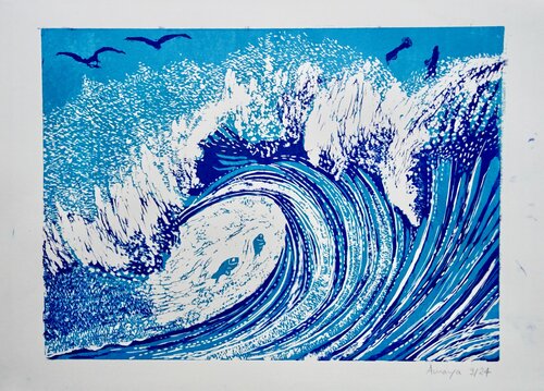 Die Welle, Linoldruck zweifarbig van Amaya Eglin, Afdruk te koop op Singulart