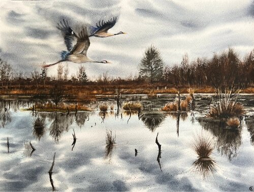 Flight of the cranes von Annett Coumont, Malerei kaufen auf Singulart