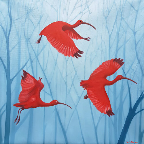 Scarlet Ibises Flying I by Daria Startseva, 油畫 for Sale on Singulart