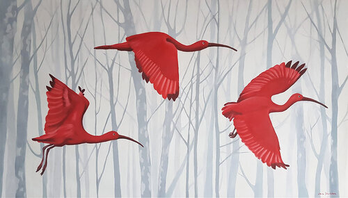 Scarlet Ibises Flying II de Daria Startseva, Pintura a la venta en Singulart