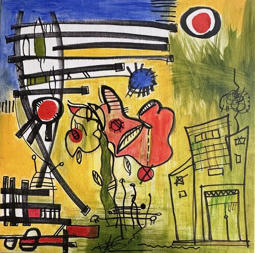 Urban Symphony in Red and Steel van Regia Marinho, Schilderij te koop op Singulart