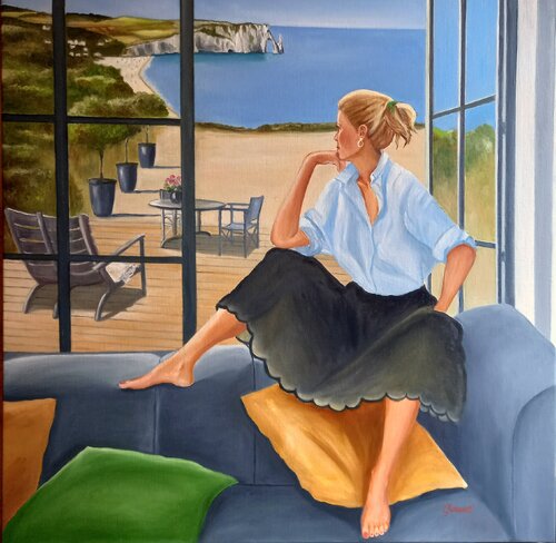 par la fenêtre ouverte Etretat mon rêve di colette jurquet, Pittura in vendita su Singulart