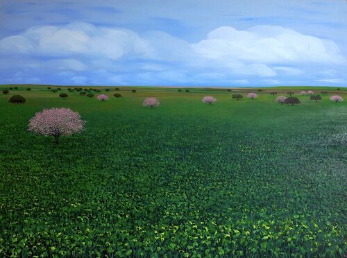 Campo de encinas y almendros en flor van Carmen Mira, Schilderij te koop op Singulart