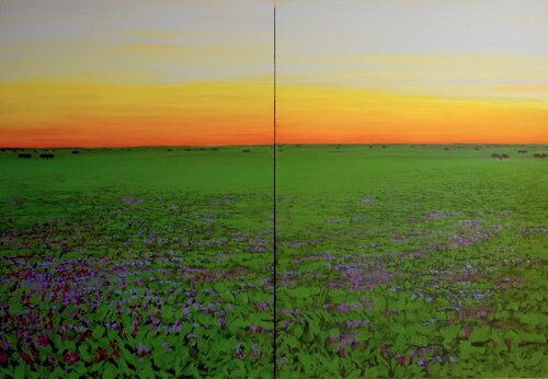 Amanecer naranja y campo morado  -  "Díptico" van Carmen Mira, Schilderij te koop op Singulart