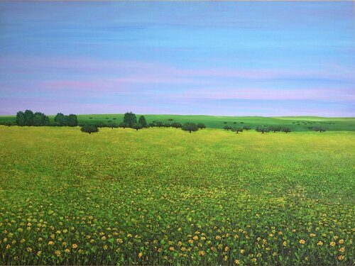 Campo amarillo y cielo rosa van Carmen Mira, Schilderij te koop op Singulart