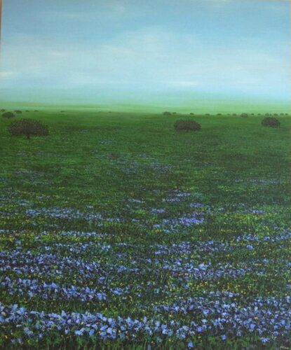 Campo de flores azules y niebla van Carmen Mira, Schilderij te koop op Singulart