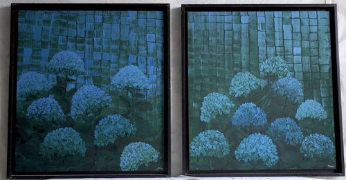 Dos imágenes de hortensias en sombra van Carmen Mira, Schilderij te koop op Singulart