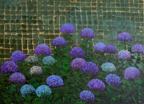 Hortensias moradas con azulejos par Carmen Mira, Peinture en vente sur Singulart