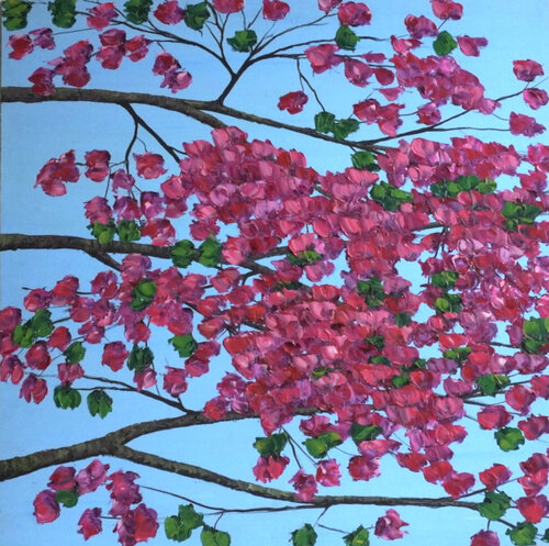 Buganvilla rosa con fondo azul von Carmen Mira, Malerei kaufen auf Singulart