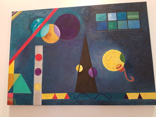Cerchi e cilindri su sfondo blu van Marian De Kort, Schilderij te koop op Singulart