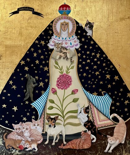 Sainte Radegonde et les chats van Carole Perret, Schilderij te koop op Singulart