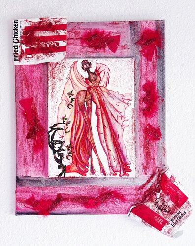 Original Queen KaFiCa: Inspired by KFC - Your Art Has Been Served is a contemporary, sustainable mixed media art series by Dina Kabdolla. di Dina Kabdolla, Pittura in vendita su Singulart