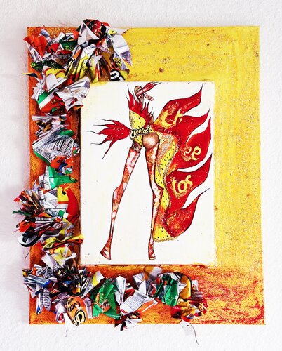 Original Queen Cheeta: Inspired by Cheetos - Your Art Has Been Served is a contemporary, sustainable mixed media art series by Dina Kabdolla. di Dina Kabdolla, Pittura in vendita su Singulart
